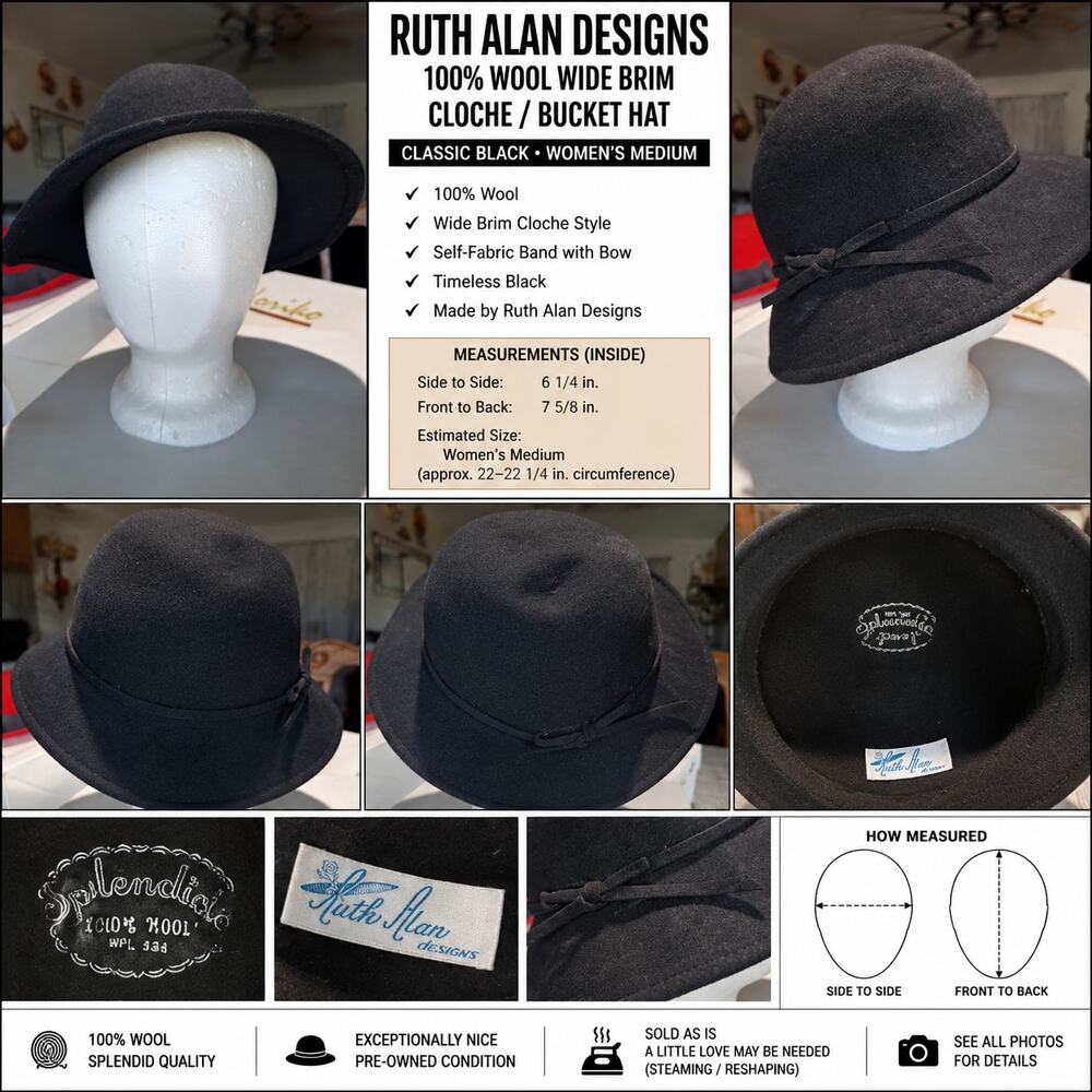 Ruth Alan Designs Black 100% Wool Wide Brim Cloche Bucket Hat Women's Medium 22"